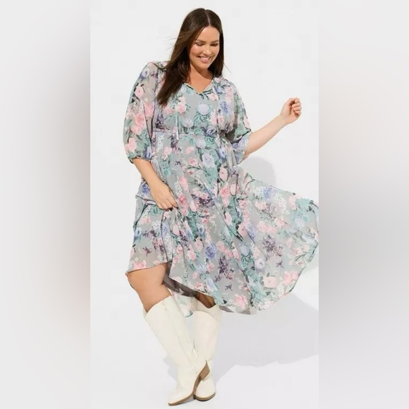 Torrid Womens Tea Length Chiffon Front Tie Dress Harmonic Floral Plus Size 2 - Picture 1 of 11